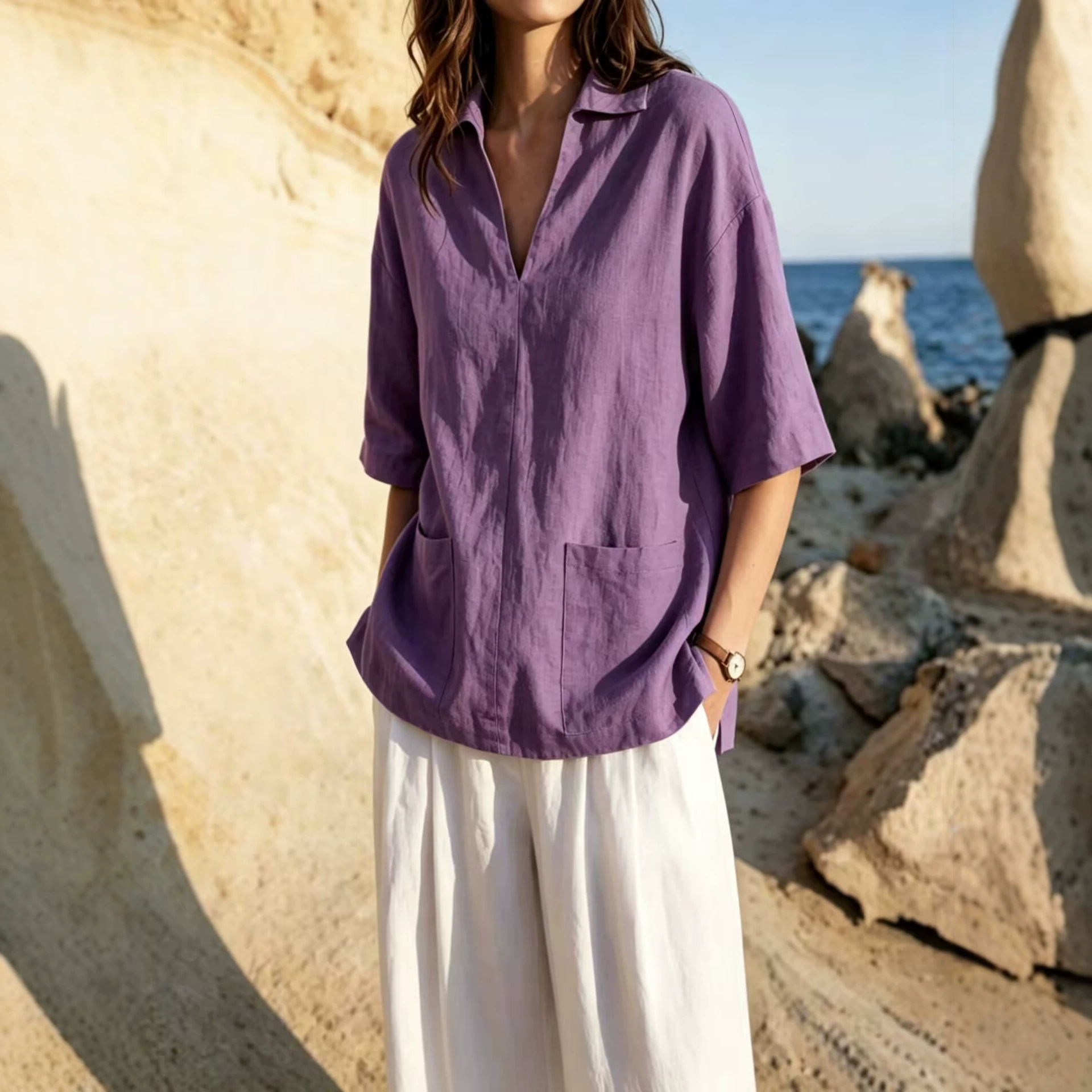 Womens Loose-Fit Lapel V-Neck T-Shirt Top