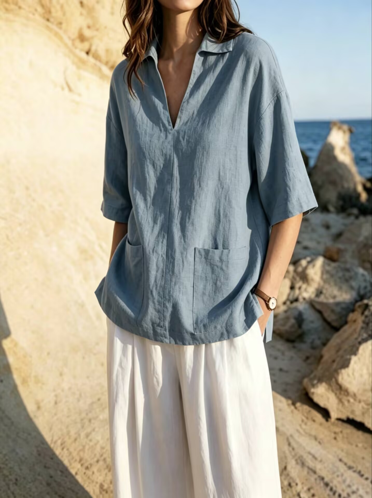 Womens Loose-Fit Lapel V-Neck T-Shirt Top