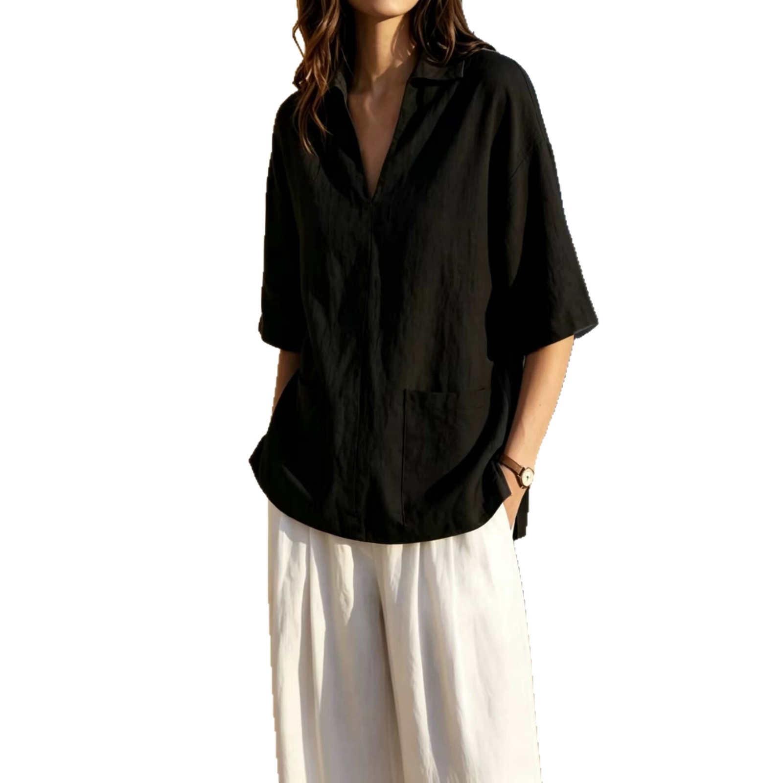 Womens Loose-Fit Lapel V-Neck T-Shirt Top