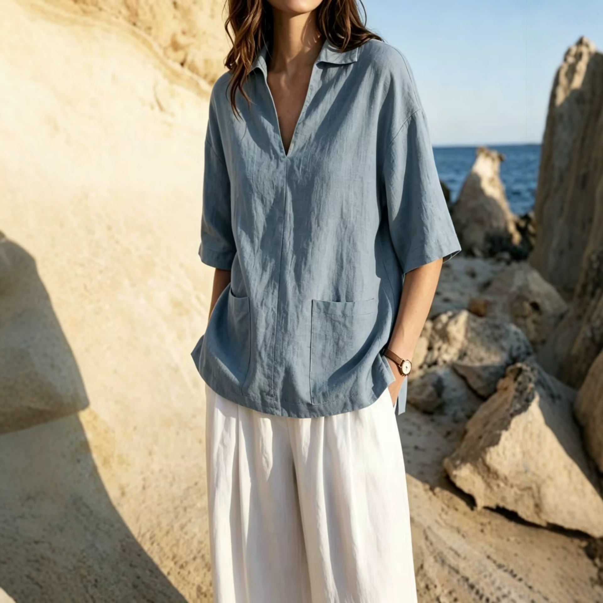 Womens Loose-Fit Lapel V-Neck T-Shirt Top