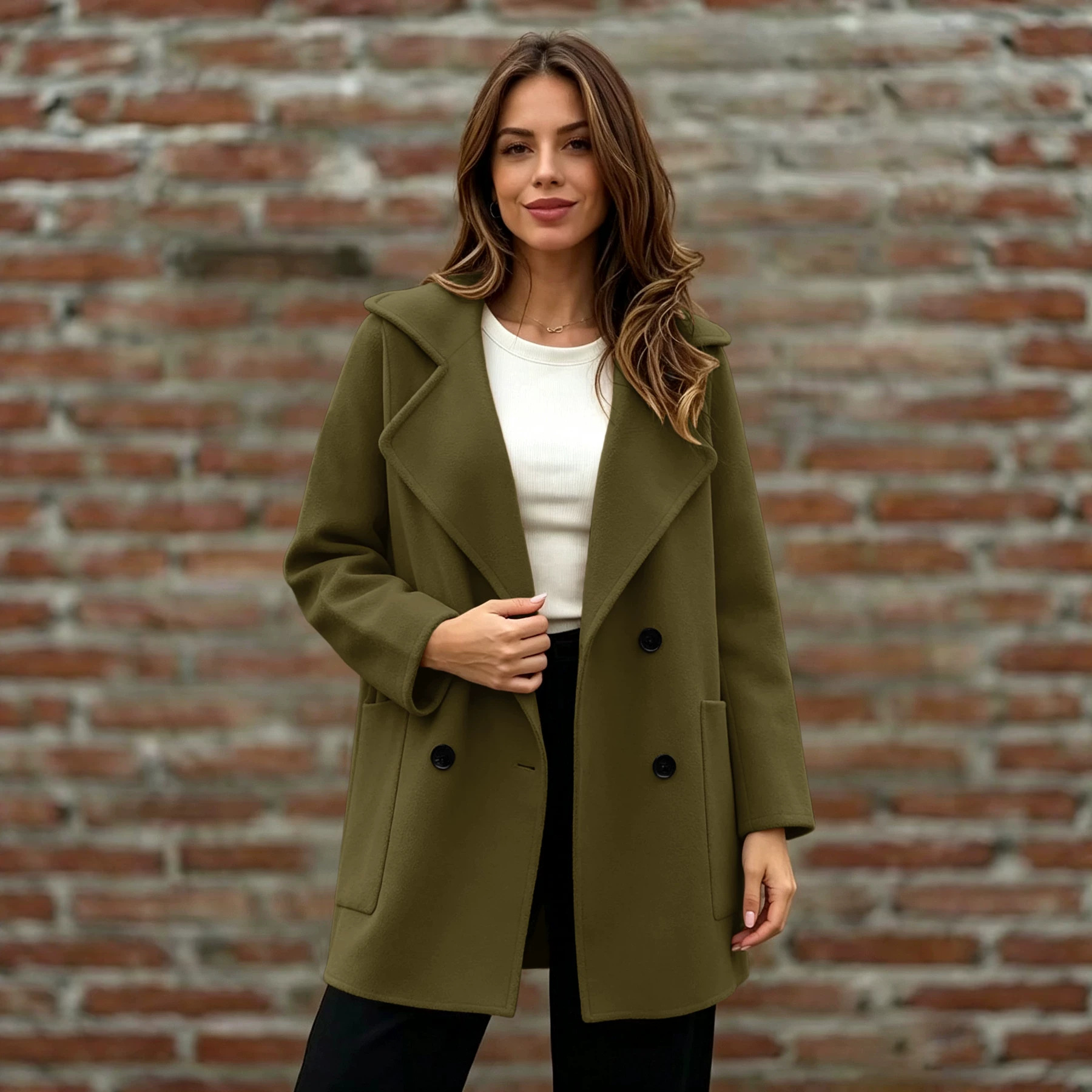 Womens Loose-fitting Double-breasted Wool Coat