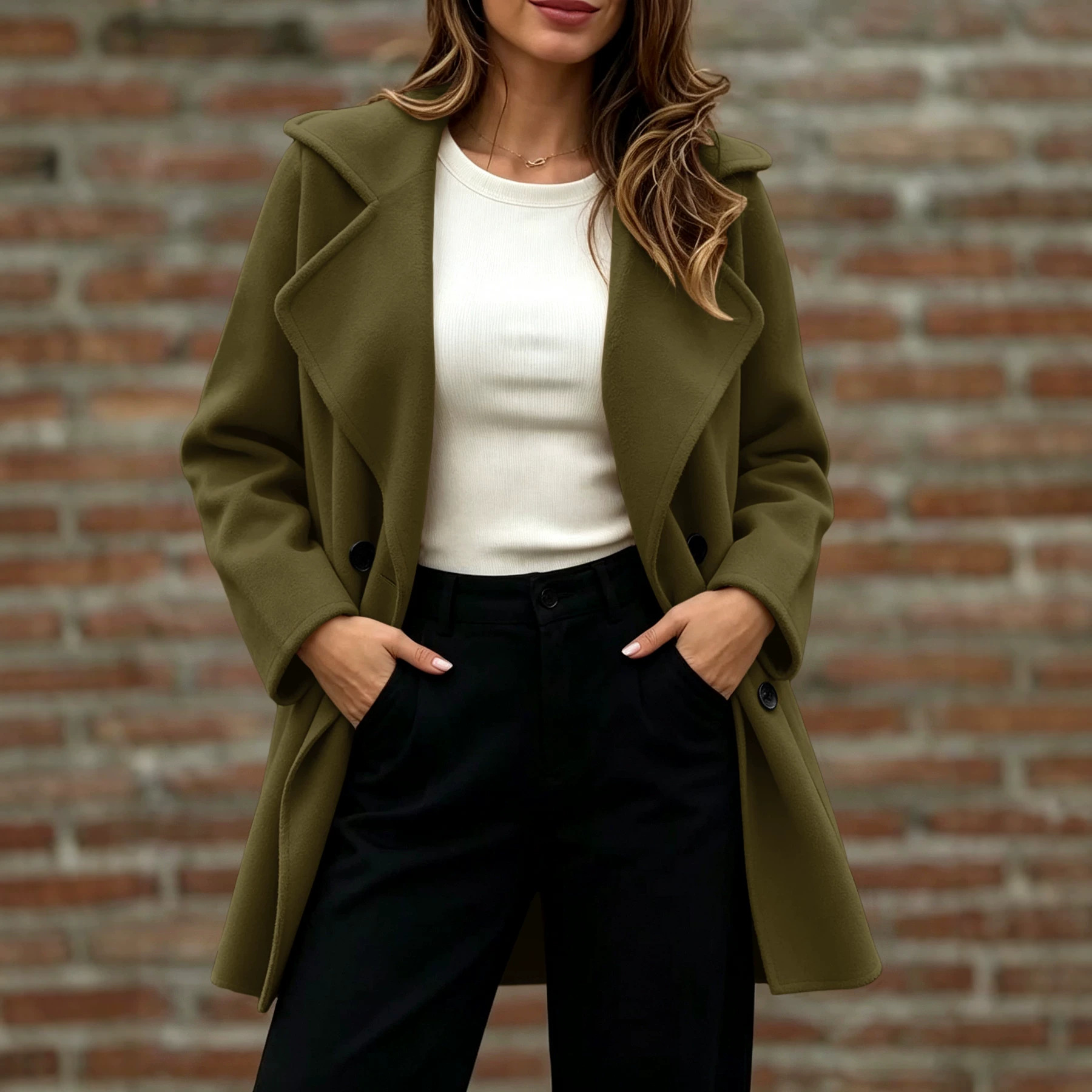 Womens Loose-fitting Double-breasted Wool Coat