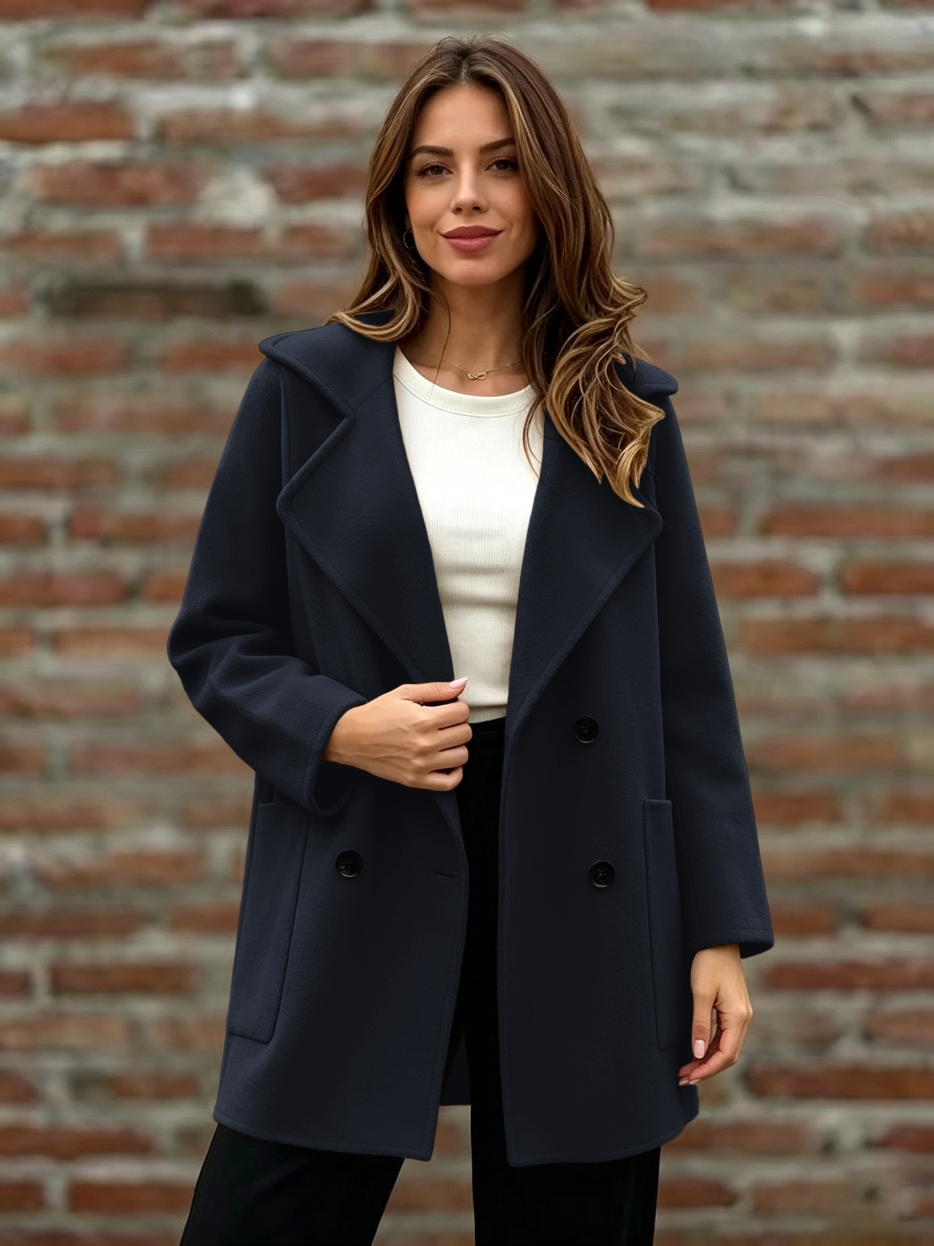 Womens Loose-fitting Double-breasted Wool Coat