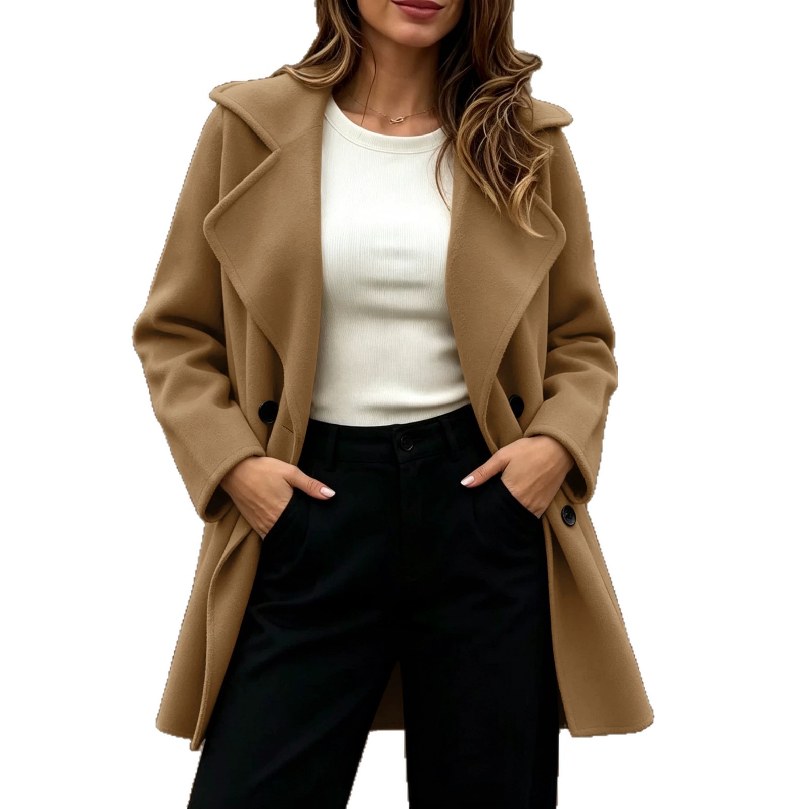 Womens Loose-fitting Double-breasted Wool Coat