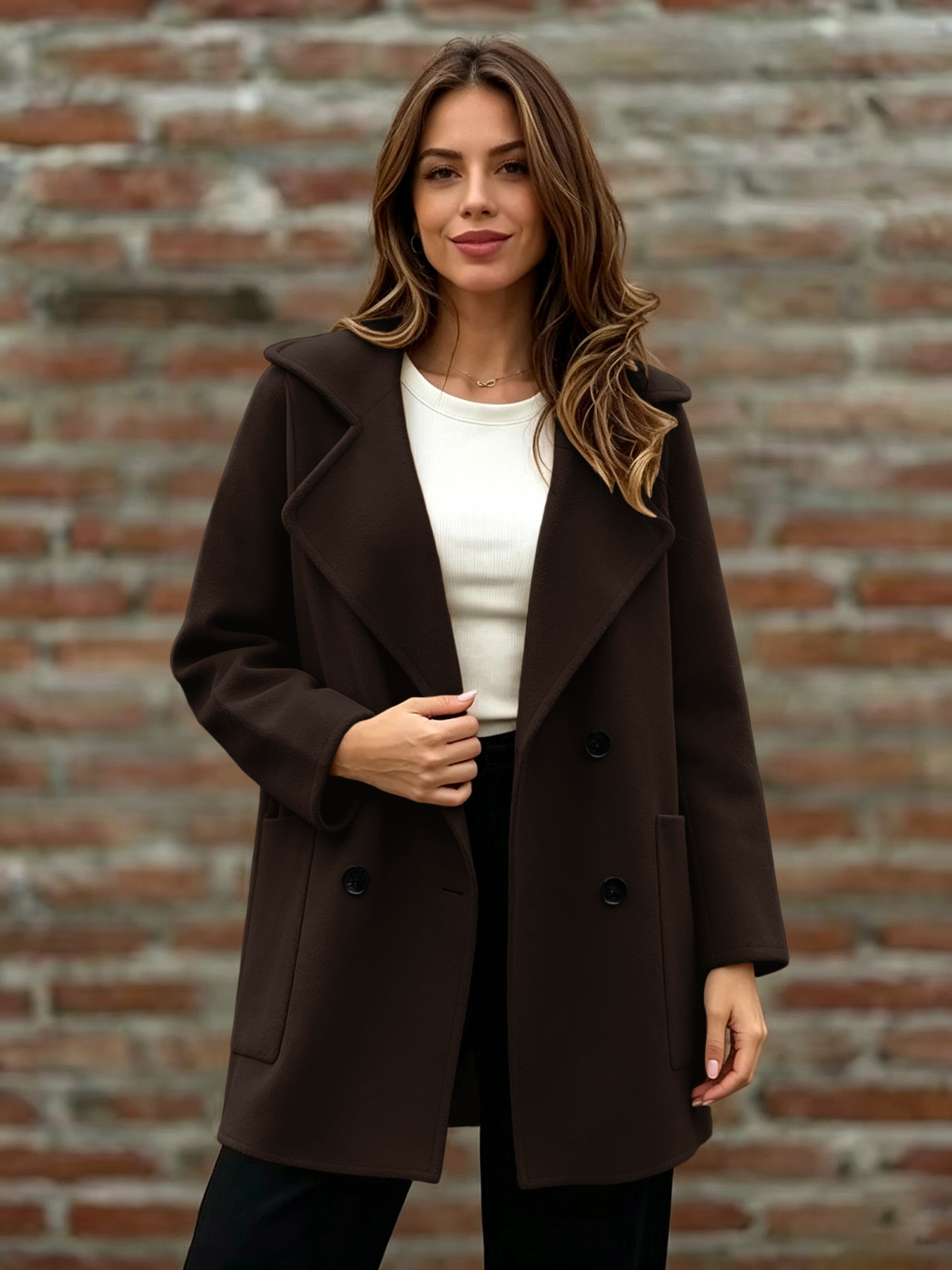 Womens Loose-fitting Double-breasted Wool Coat