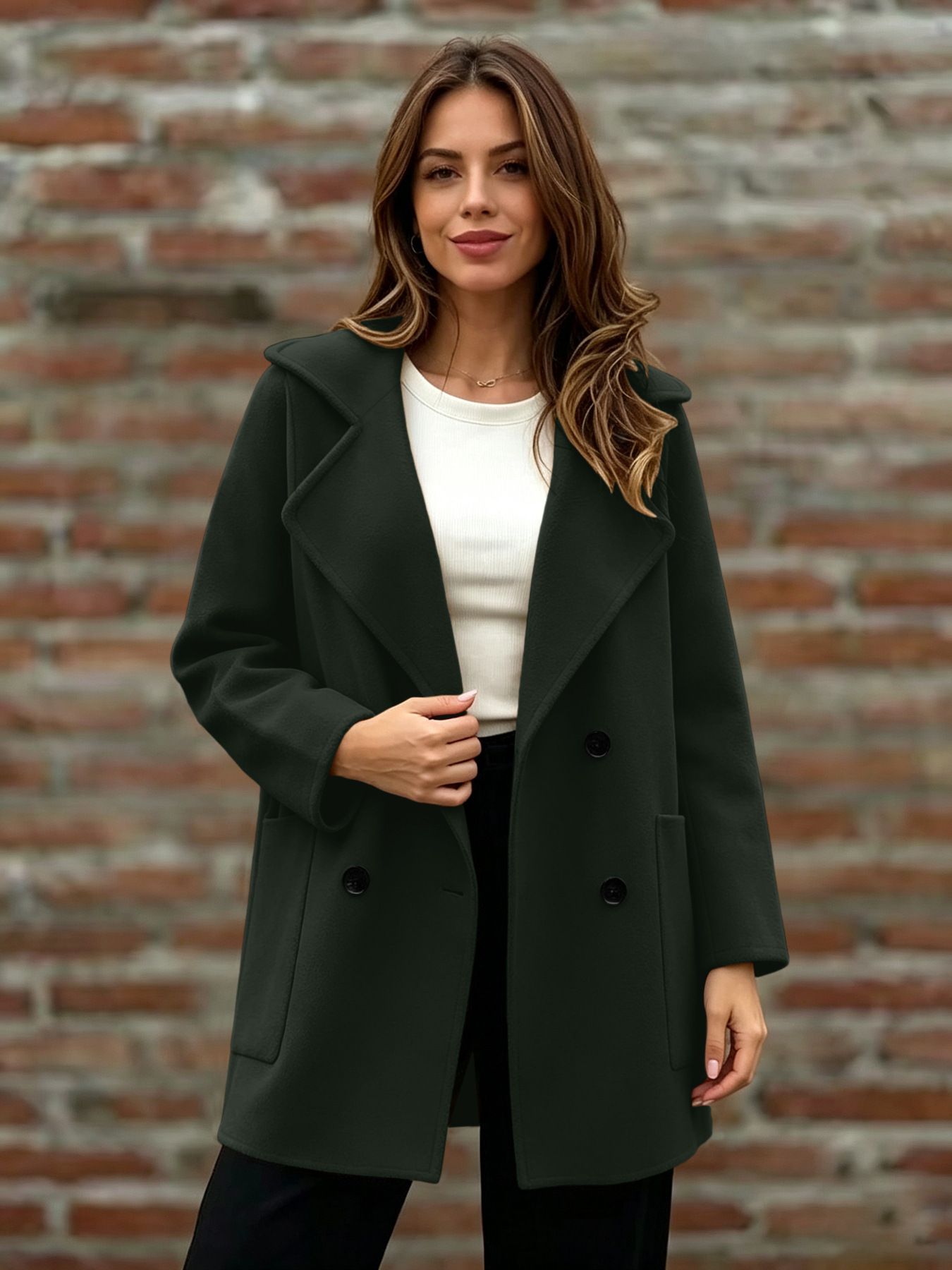 Womens Loose-fitting Double-breasted Wool Coat