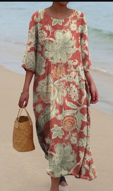 Womens Loose Round-Neck Fashionable High-End Long-Sleeve Printed Dress