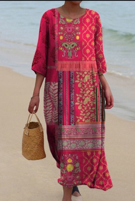 Womens Loose Round-Neck Fashionable High-End Long-Sleeve Printed Dress