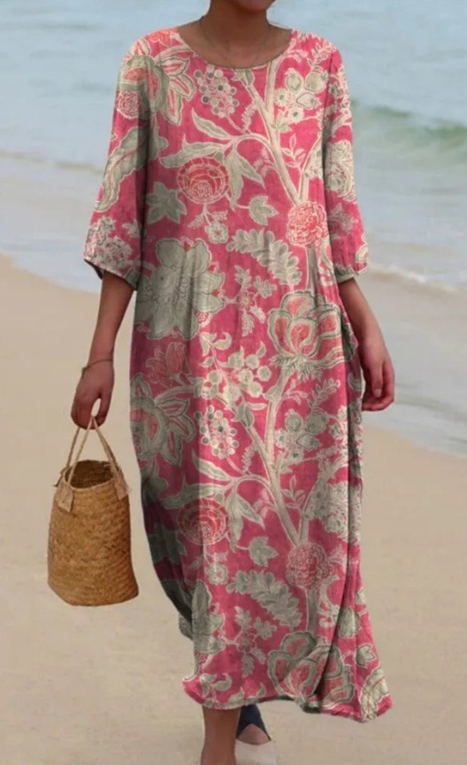 Womens Loose Round-Neck Fashionable High-End Long-Sleeve Printed Dress