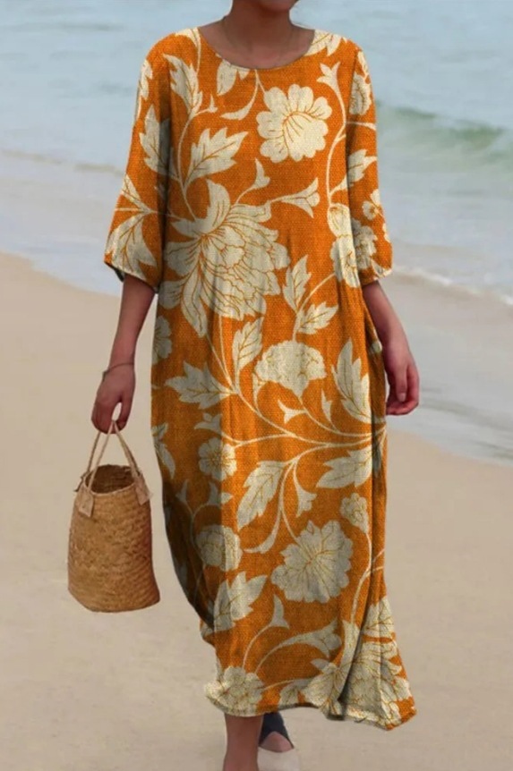 Womens Loose Round-Neck Fashionable High-End Long-Sleeve Printed Dress