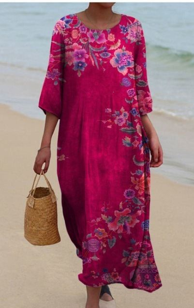 Womens Loose Round-Neck Fashionable High-End Long-Sleeve Printed Dress