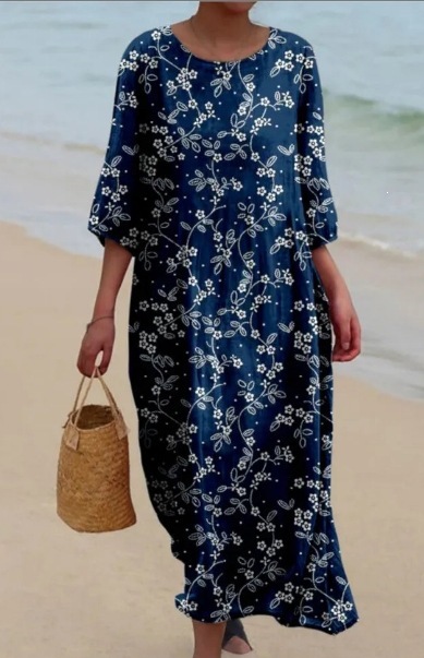 Womens Loose Round-Neck Fashionable High-End Long-Sleeve Printed Dress