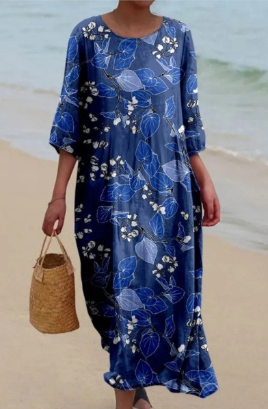 Womens Loose Round-Neck Fashionable High-End Long-Sleeve Printed Dress