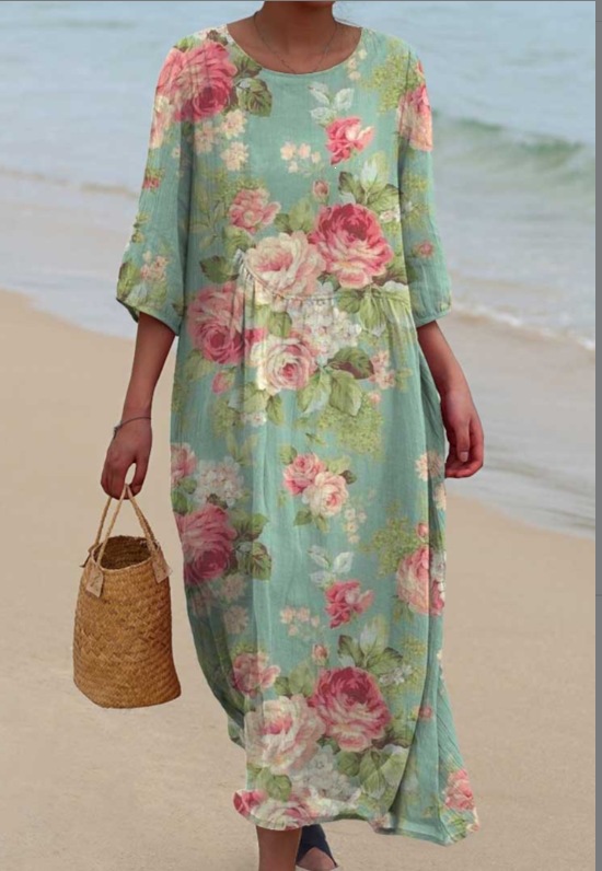 Womens Loose Round-Neck Fashionable High-End Long-Sleeve Printed Dress