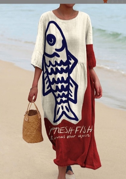 Womens Loose Round-Neck Fashionable High-End Long-Sleeve Printed Dress