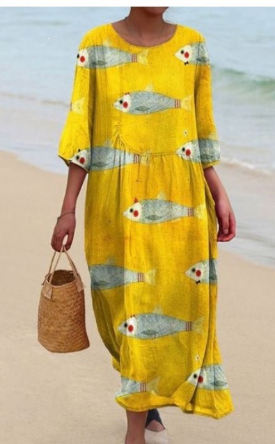 Womens Loose Round-Neck Fashionable High-End Long-Sleeve Printed Dress
