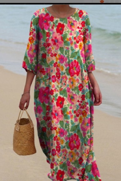 Womens Loose Round-Neck Fashionable High-End Long-Sleeve Printed Dress