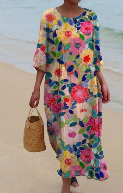 Womens Loose Round-Neck Fashionable High-End Long-Sleeve Printed Dress