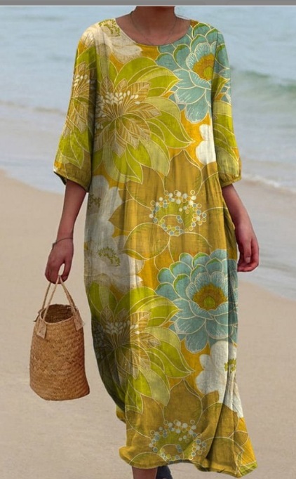 Womens Loose Round-Neck Fashionable High-End Long-Sleeve Printed Dress