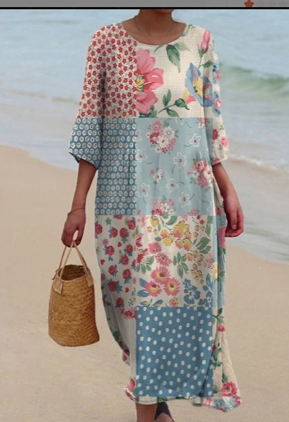 Womens Loose Round-Neck Fashionable High-End Long-Sleeve Printed Dress