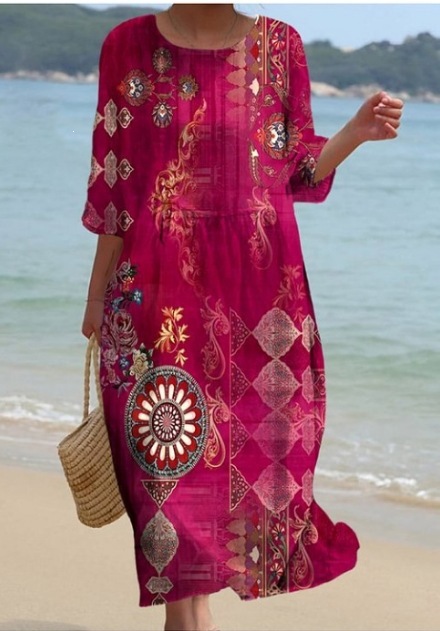 Womens Loose Round-Neck Fashionable High-End Long-Sleeve Printed Dress