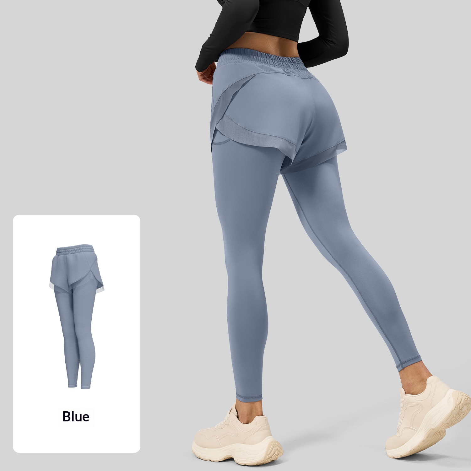 Womens Mock Two-Piece Sports Tight Pockets Yoga Pants
