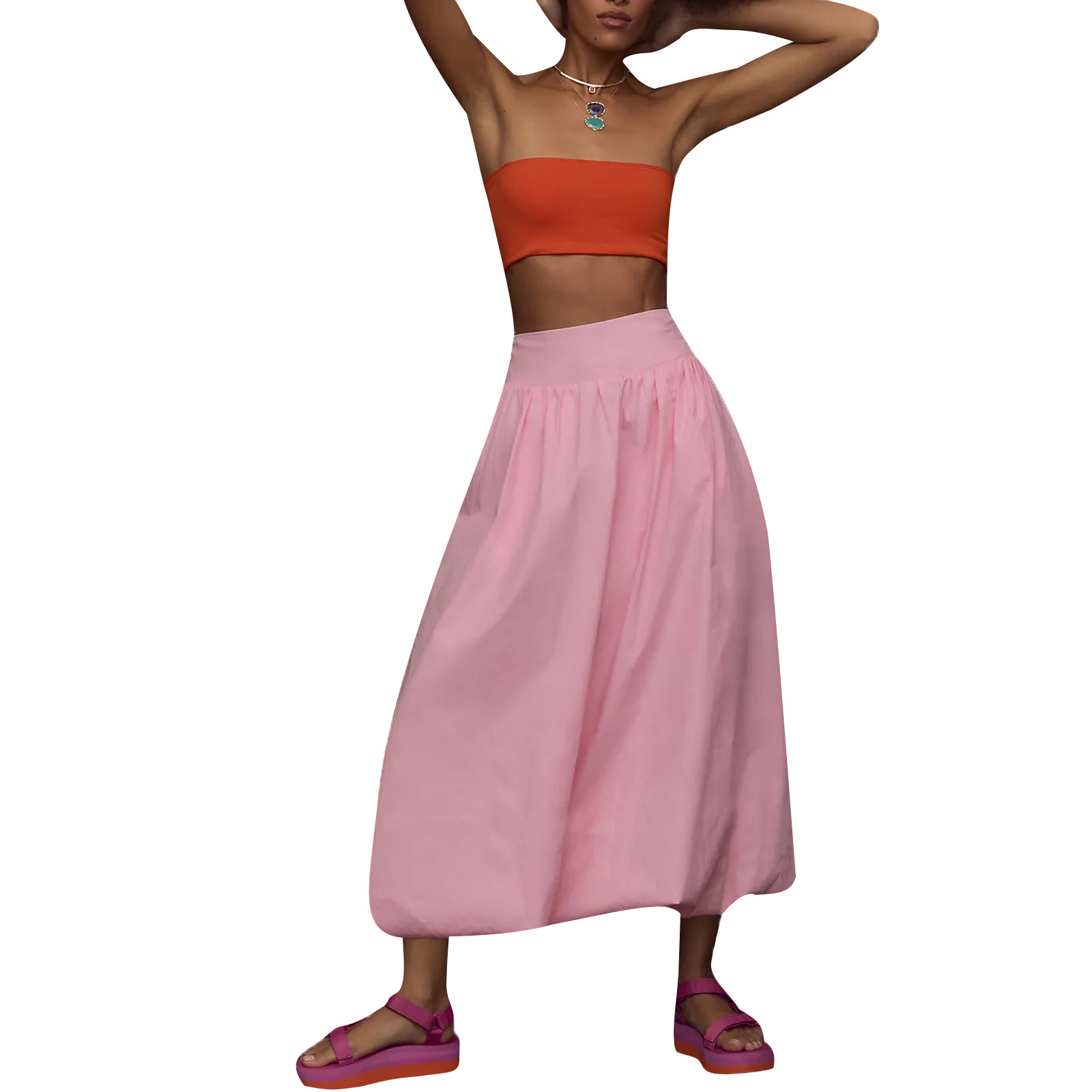 Womens Pocketed Pleated Elastic-Waist Flared Skirt