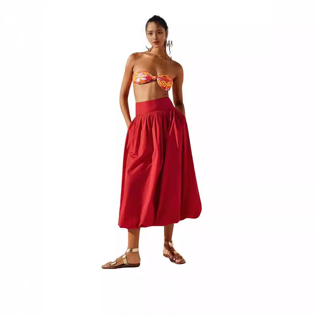 Womens Pocketed Pleated Elastic-Waist Flared Skirt