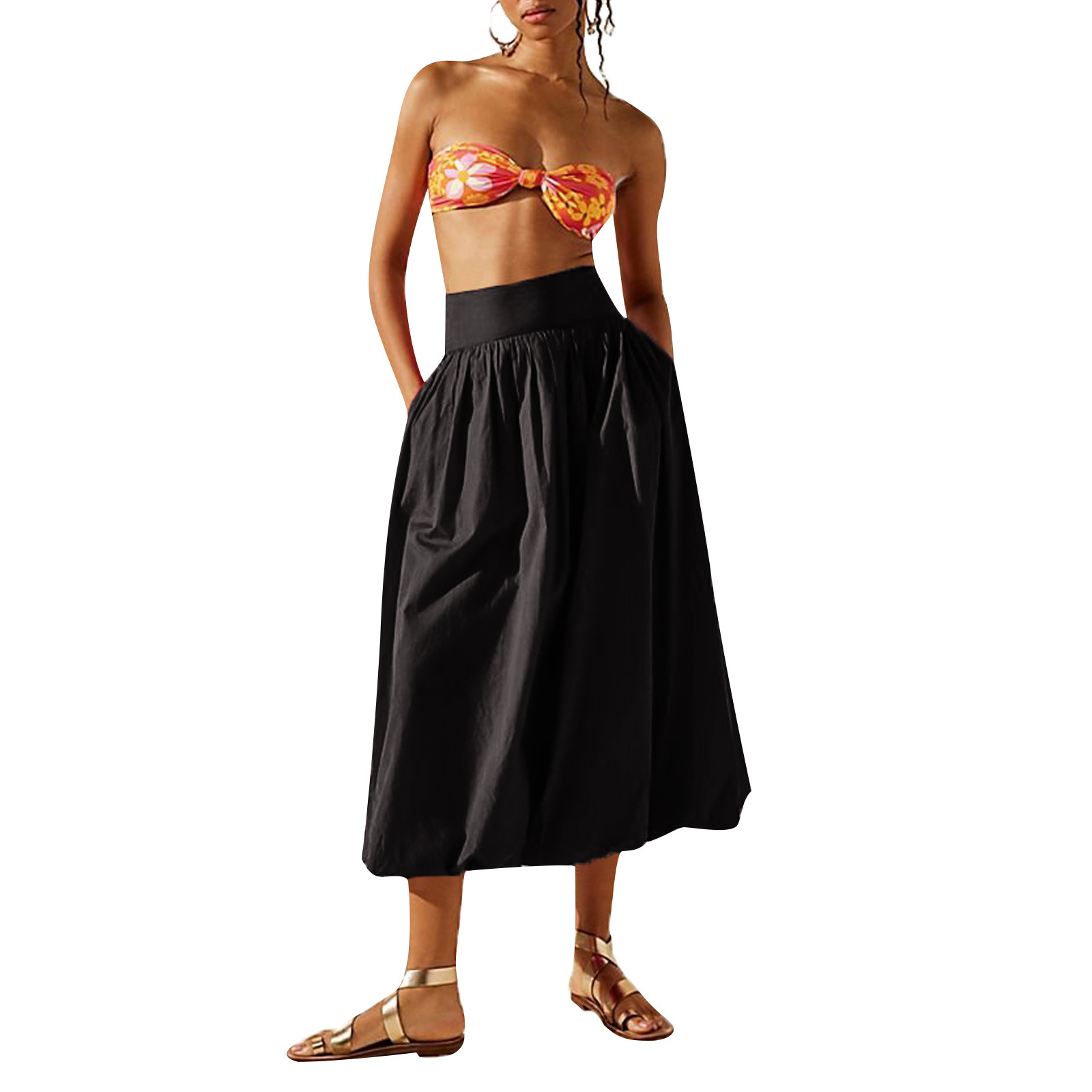 Womens Pocketed Pleated Elastic-Waist Flared Skirt