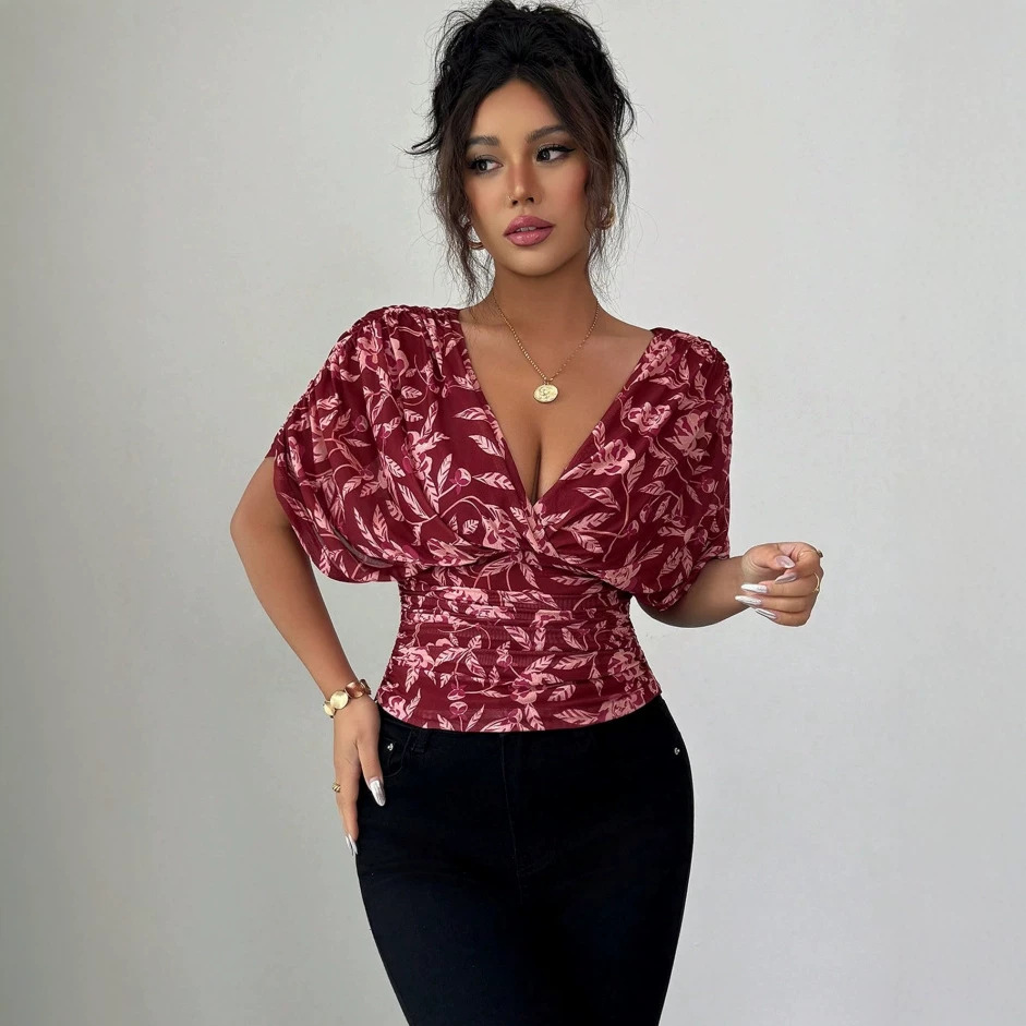 Womens Printed Slimit ShortSleeve Dress With A Deep V-Neck