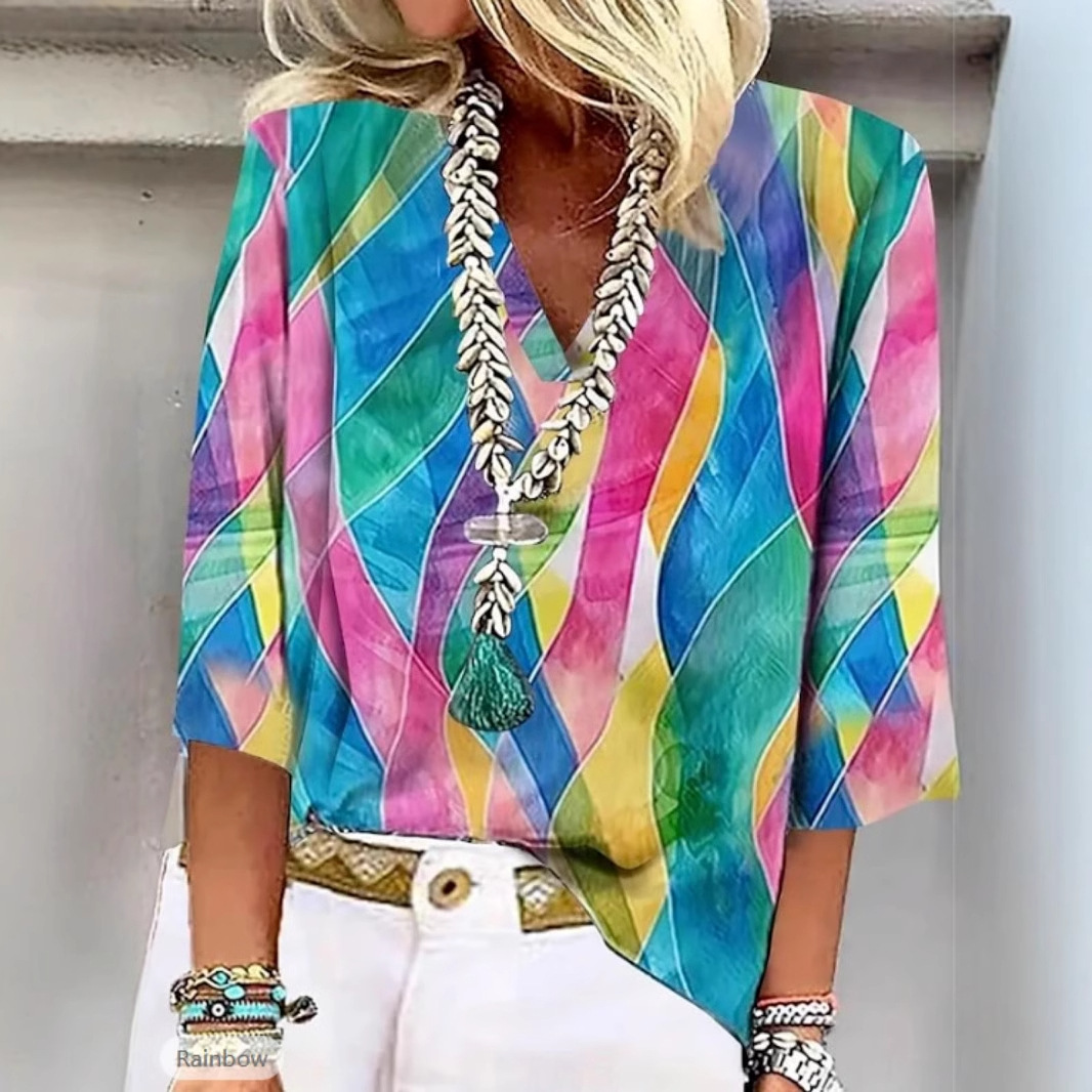 Womens Printed V-neck Top With An Asymmetrical Hem