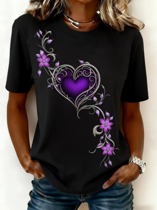 Womens Relaxed-fit Printed Round-neck Short-sleeve Top