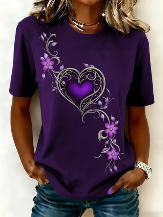 Womens Relaxed-fit Printed Round-neck Short-sleeve Top