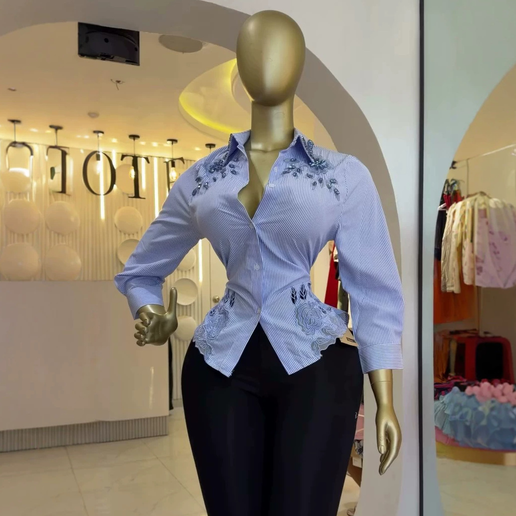 Womens Rhinestone-embellished Hollow-out Striped Long-sleeve Shirt