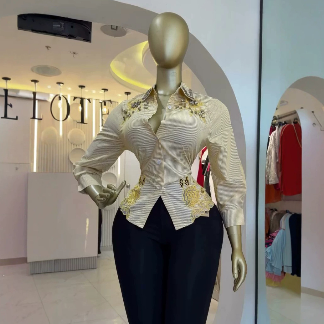 Womens Rhinestone-embellished Hollow-out Striped Long-sleeve Shirt