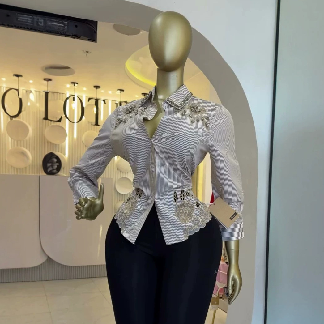 Womens Rhinestone-embellished Hollow-out Striped Long-sleeve Shirt