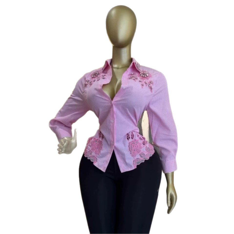Womens Rhinestone-embellished Hollow-out Striped Long-sleeve Shirt