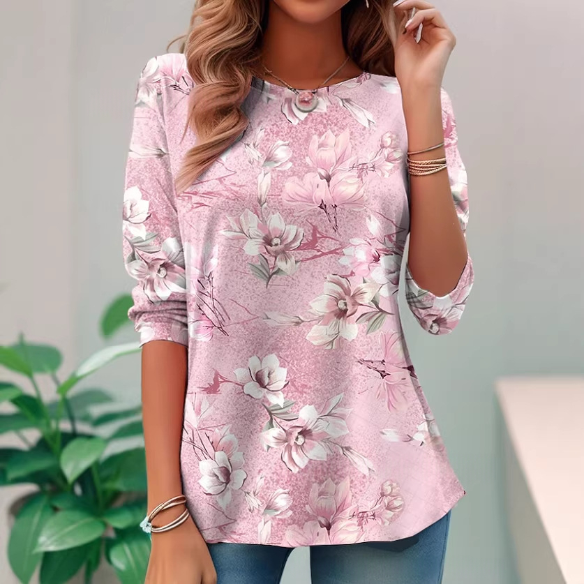 Womens Round-neck Long-sleeve Printed Top