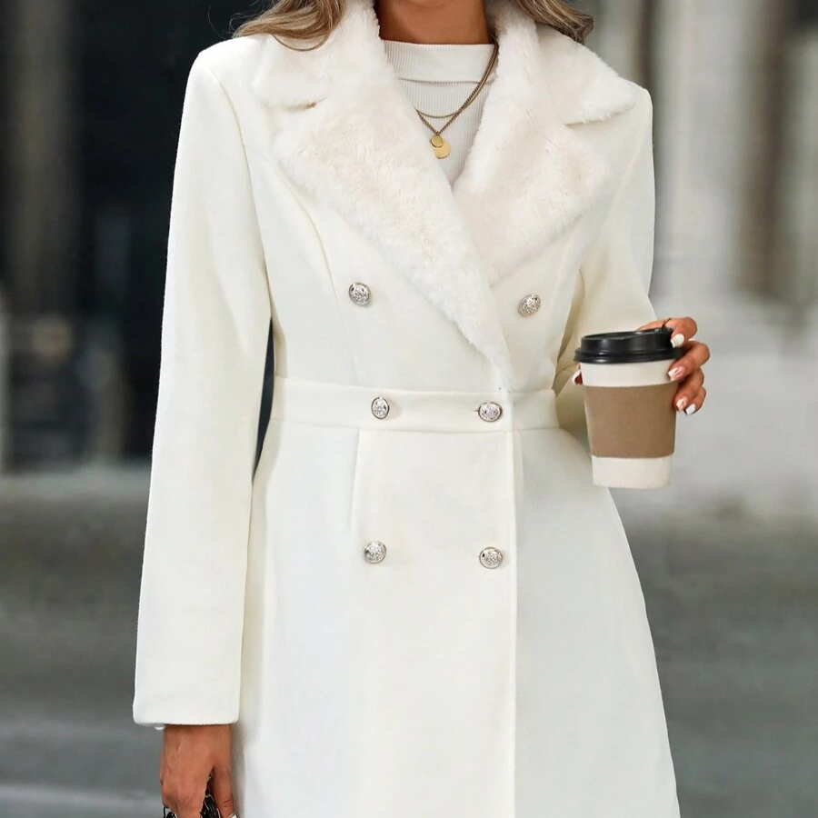 Womens Solid-Color Faux Fur Patchwork Straight-Collar Coat