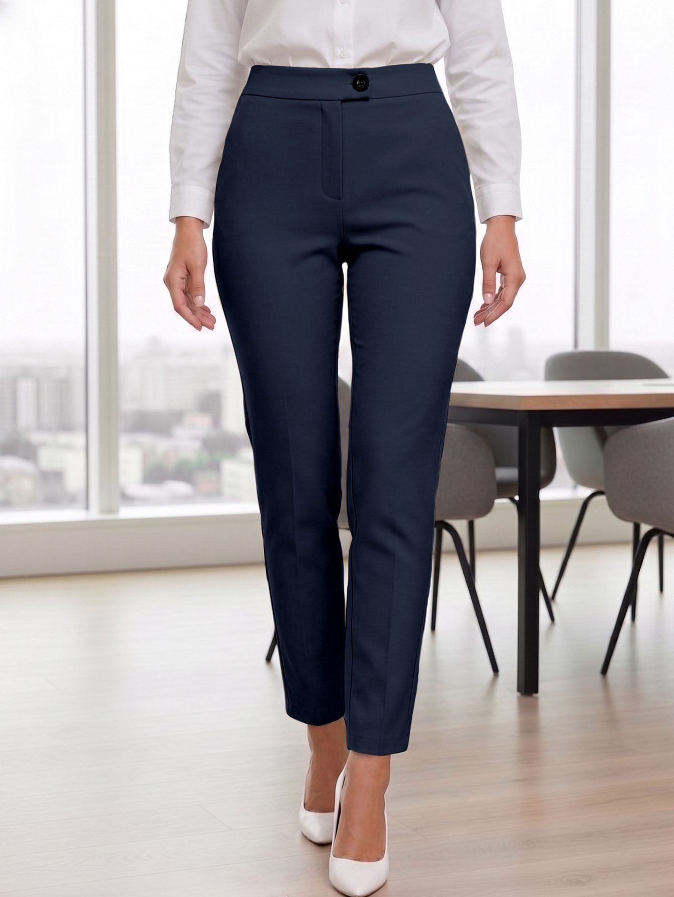 Womens Solid-Color Mid-Waist Casual Pants