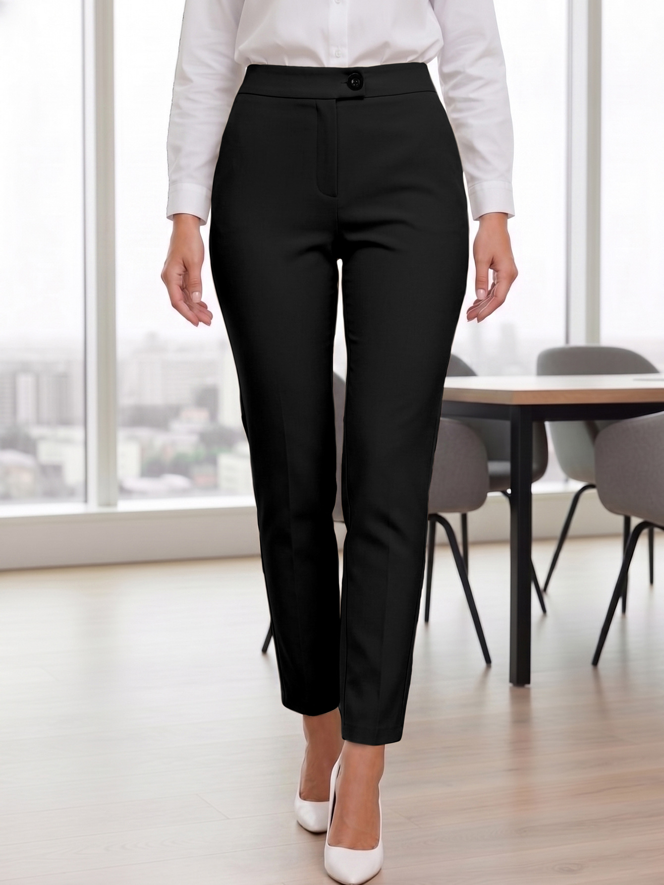 Womens Solid-Color Mid-Waist Casual Pants
