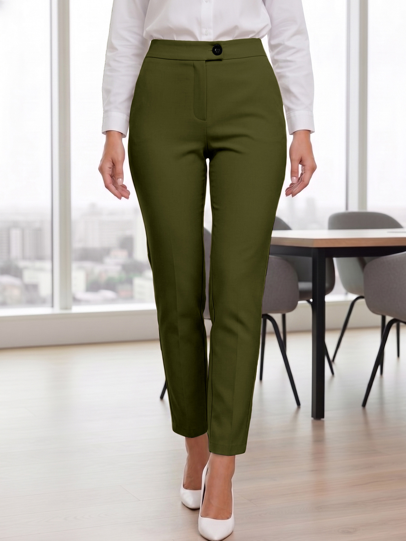 Womens Solid-Color Mid-Waist Casual Pants