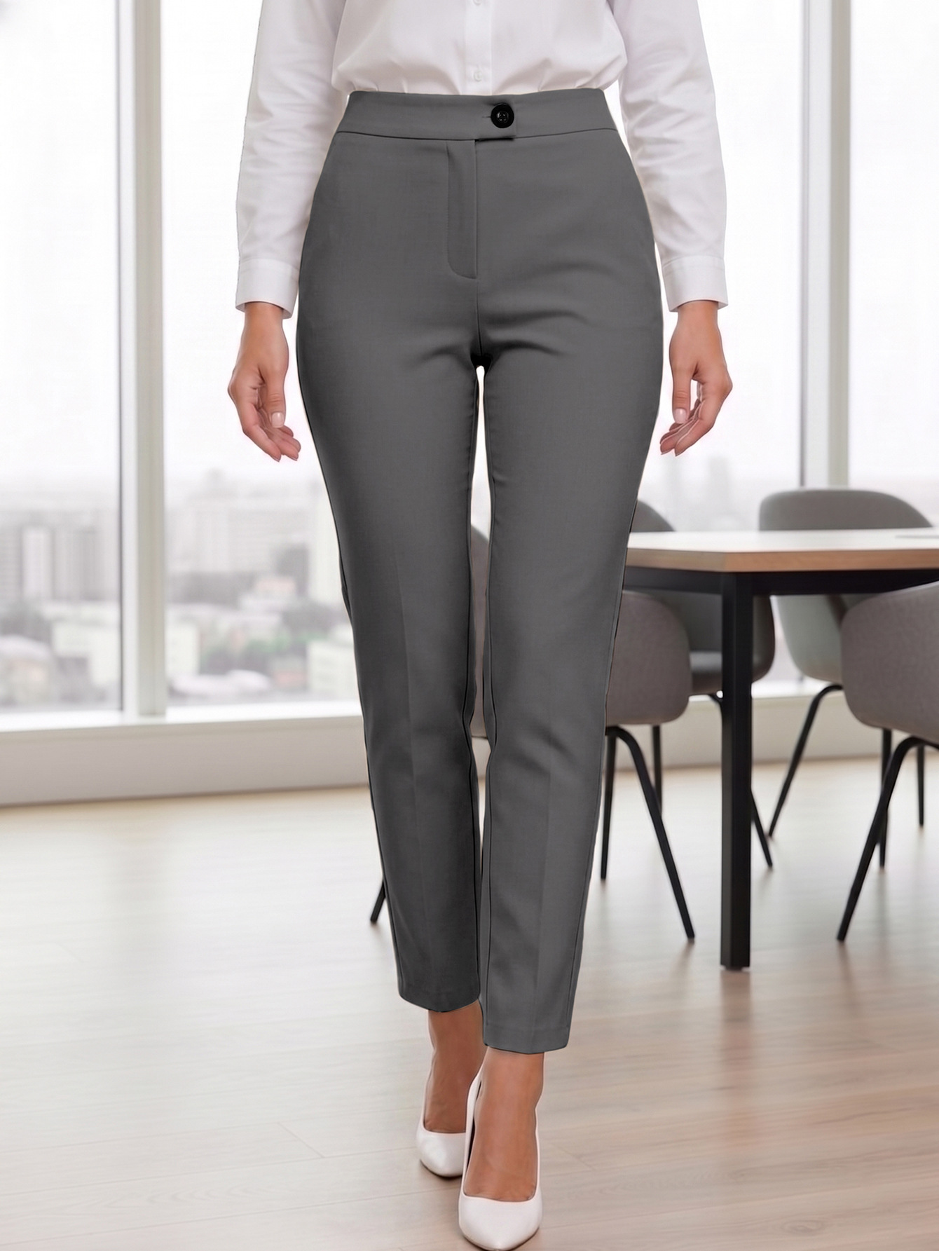 Womens Solid-Color Mid-Waist Casual Pants