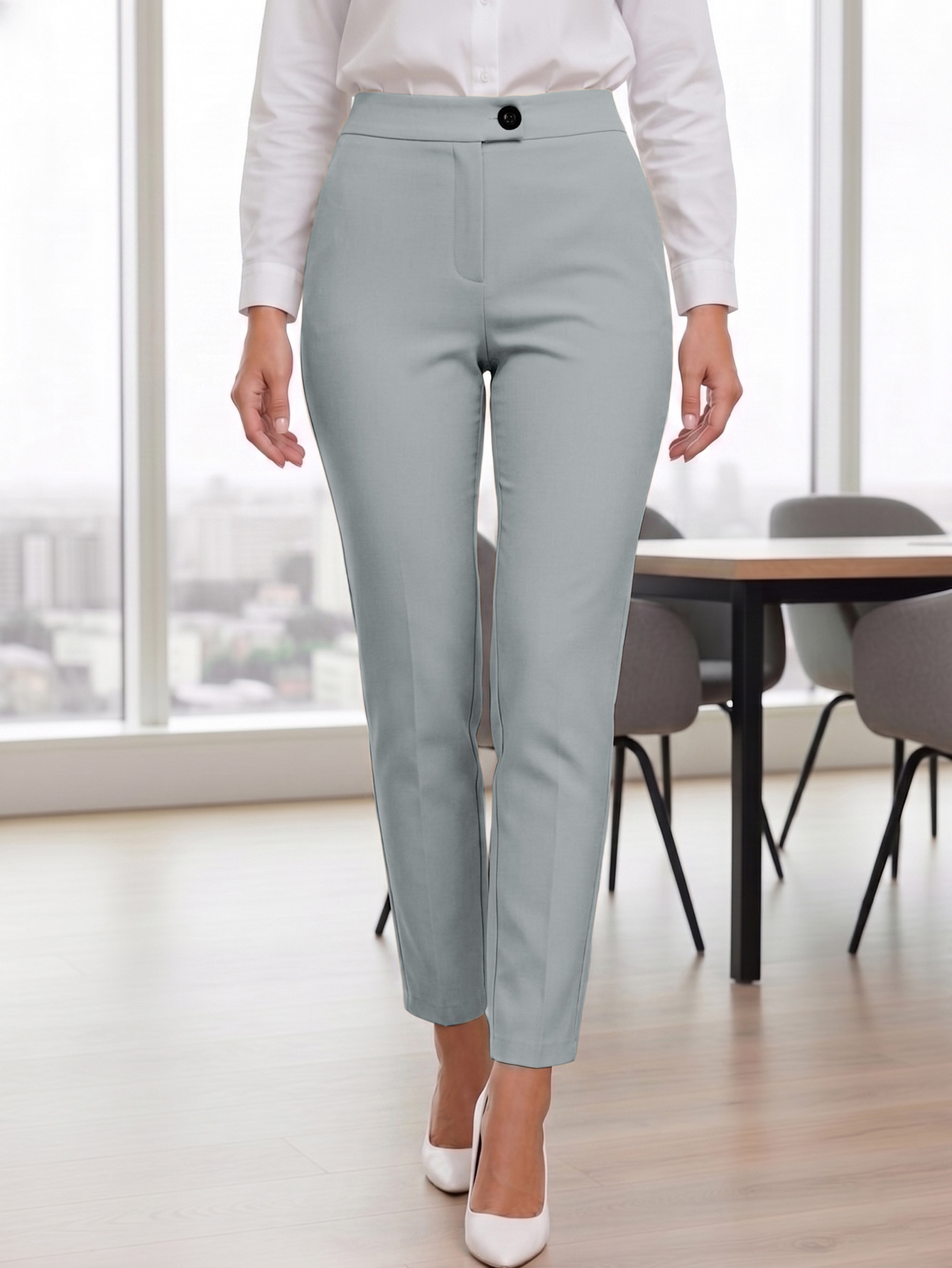 Womens Solid-Color Mid-Waist Casual Pants