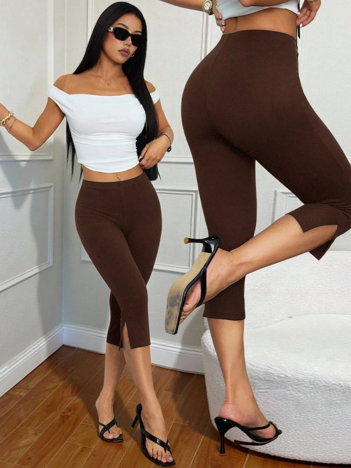 Womens Solid-Color Slim-Fit Split Bottom Elastic-Waist Casual Pants