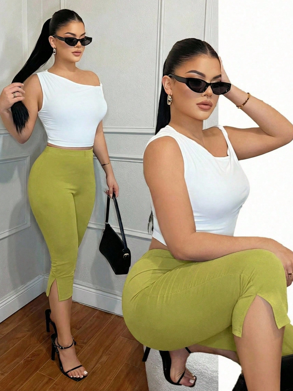 Womens Solid-Color Slim-Fit Split Bottom Elastic-Waist Casual Pants