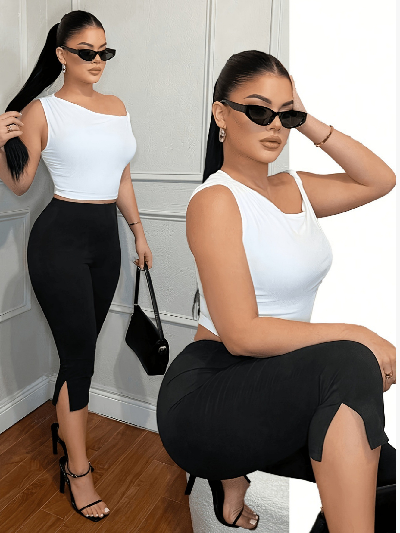 Womens Solid-Color Slim-Fit Split Bottom Elastic-Waist Casual Pants