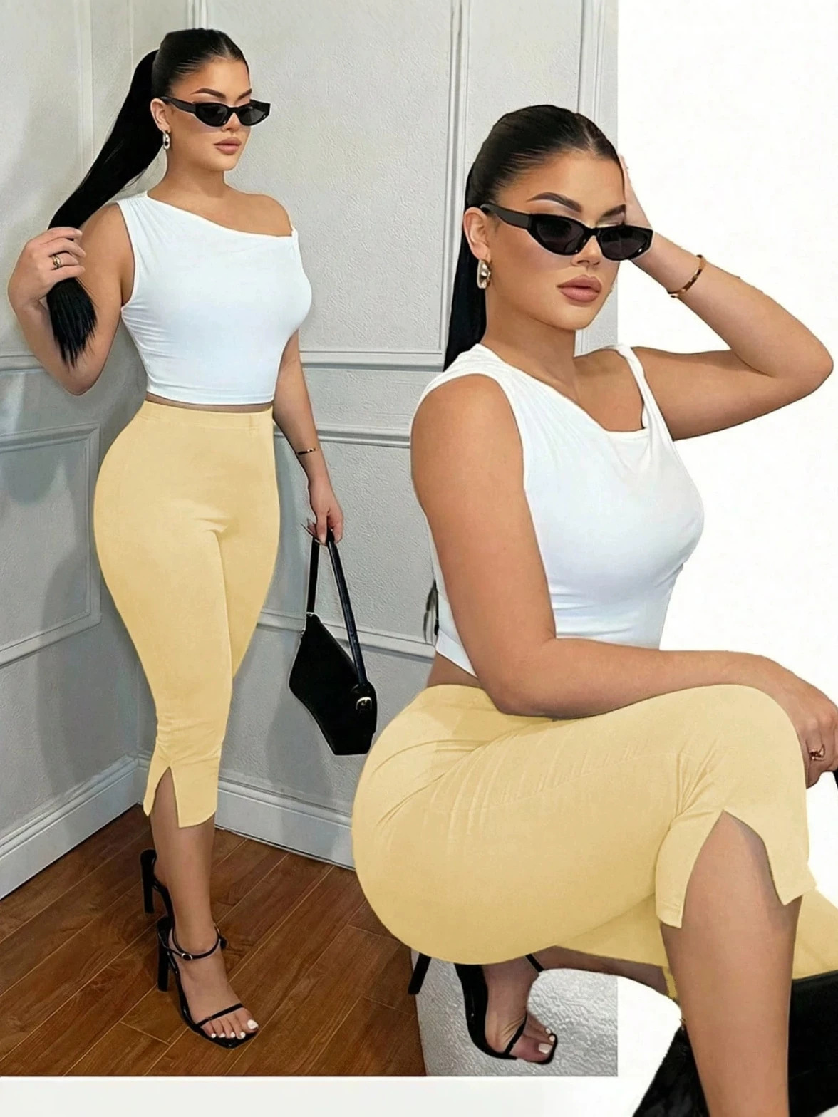 Womens Solid-Color Slim-Fit Split Bottom Elastic-Waist Casual Pants