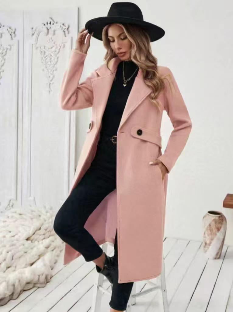 Womens Solid-color Wool Coat With A Lapel And Double-breasted Design