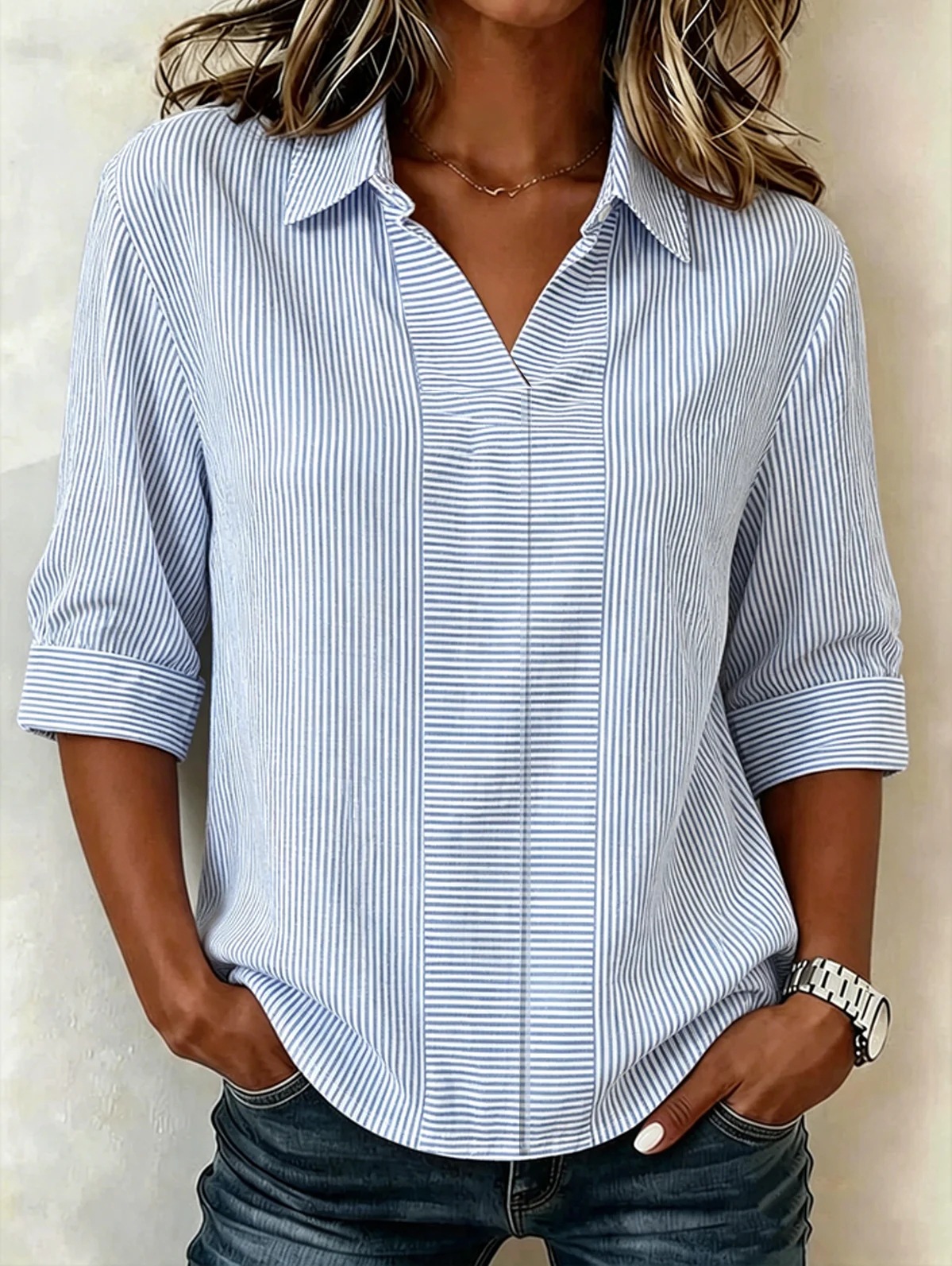 Womens Striped Casual Loose-fit Short-sleeve Shirt